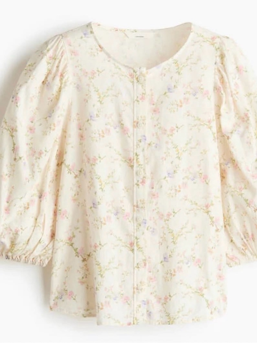 H&M Cream Floral Button-Front Blouse with Puff Sleeves
